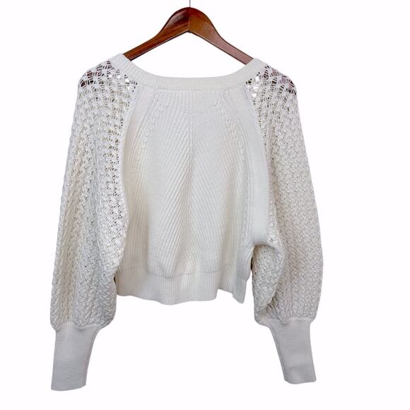 7 For All Mankind Sz M Knit Blouson Sleeve Sweater Cream Boho  Cotton Blend Soft - Picture 4 of 16